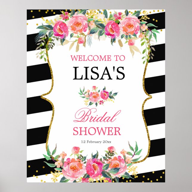 Schwarz-weiß Striptes rosa Blumenschild Poster (Vorne)
