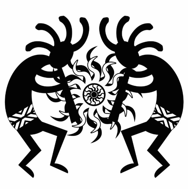 Schwarz-Weiß-Südwest-Kokopelli-Stammesonne Freistehende Fotoskulptur (Vorne)