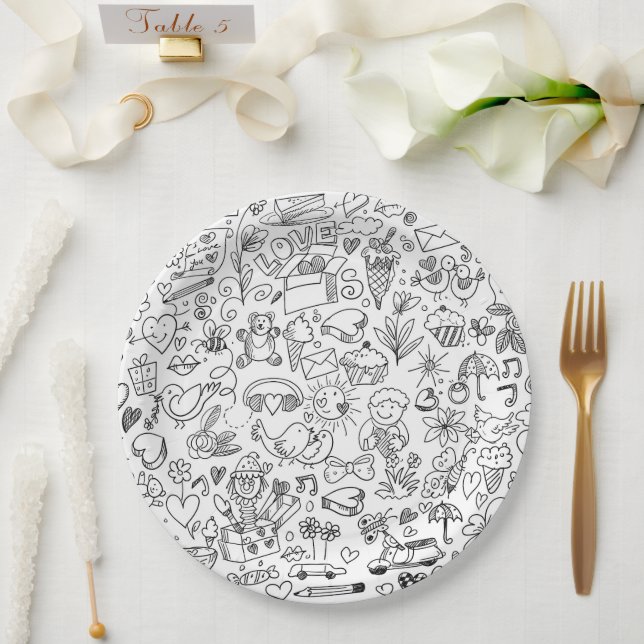 Schwarz-Weiß Süße Kritzelei Pappteller (Hochzeit)