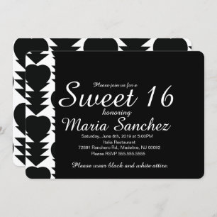 Schwarz-Weiß-Sweet 16 Herz Geburtstagsparty Einladung