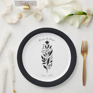 Schwarz & Weiß Tal Floral Moderne Vintage Hochzeit Pappteller