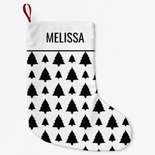 Schwarz-Weiß-Tannen-Weihnachtsbaum-Muster & Text Kleiner Weihnachtsstrumpf