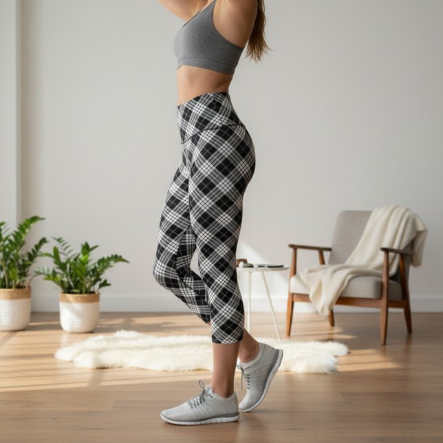 Schwarz & Weiß Tartan Chic Stilvolles Kariertes Mu Capri Leggings (Von Creator hochgeladen)
