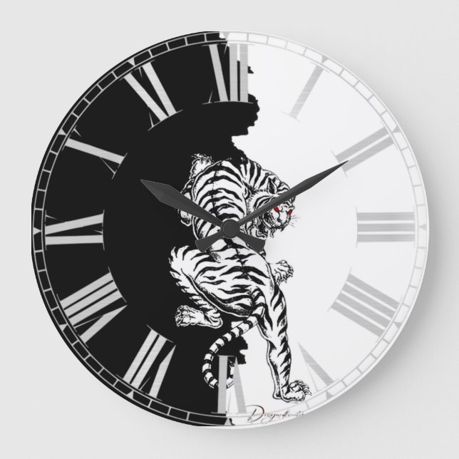 Schwarz-Weiß-Tiger-Gepäck-Anhänger dreimal Briefta Große Wanduhr (Vorderseite)