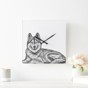 Schwarz-Weiß-Tinte-und-Aquarell-Sibirischer Husky Quadratische Wanduhr