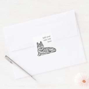 Schwarz-Weiß-Tinte-und-Aquarell-Sibirischer Husky Quadratischer Aufkleber