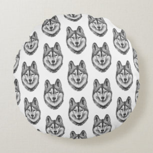 Schwarz-Weiß-Tinte und Aquarell Sibirischer Husky Rundes Kissen