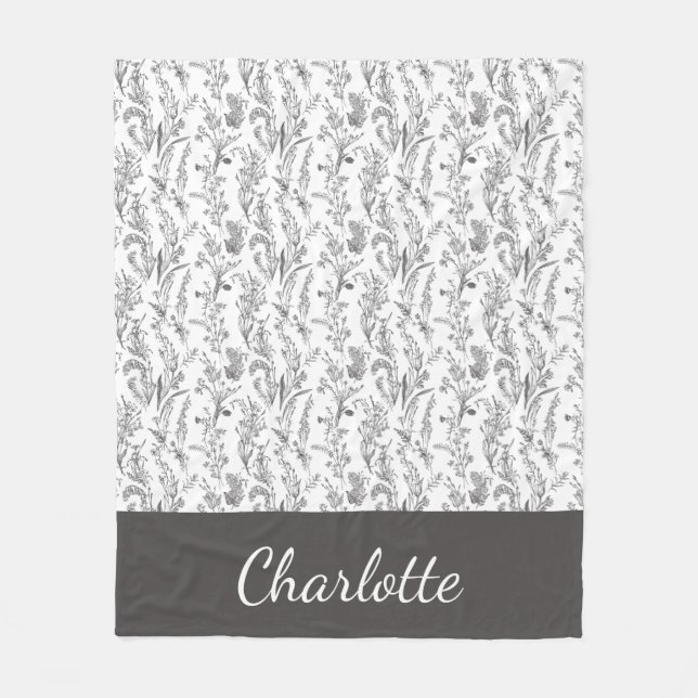 Schwarz Weiß Toile Blumenmuster Benutzername Fleecedecke (Vorderseite)