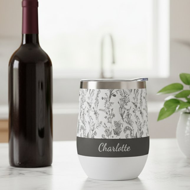 Schwarz-weiß-Toile-Blumenmuster mit individuellem  (black and white minimalist toile pattern stemless wine tumbler with custom name for gift for her)
