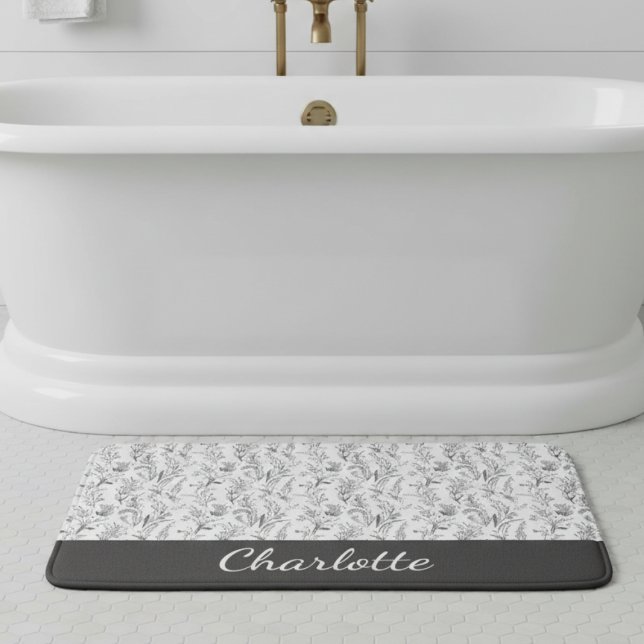 Schwarz-weiß Toile Floral Benutzername Badematte (black and white toile floral custom name bath mat gift for her house warming party)
