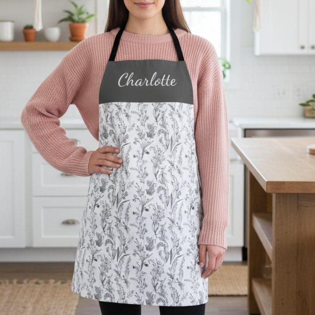 Schwarz-weiß Toile Floral Benutzername Schürze (black and white minimalist toile chinoiserie pattern apron with custom name)