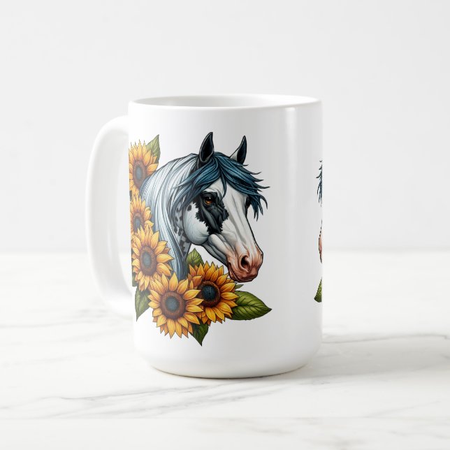 Schwarz-Weiß Tovero Paint Horse und Sonnenblumen Kaffeetasse (Vorderseite Links)