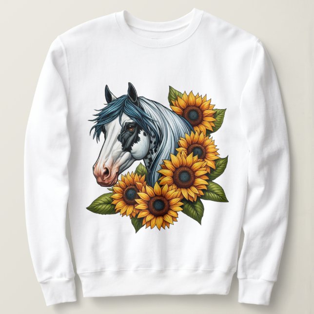 Schwarz-Weiß Tovero Paint Horse und Sonnenblumen Sweatshirt (Design vorne)