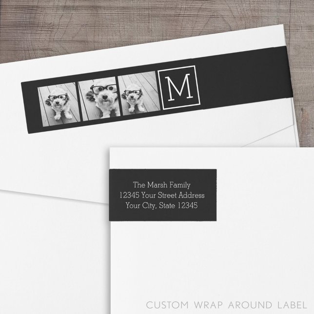 Schwarz-Weiß-Trendfoto-Collage mit Monogramm (Custom Return Address Label with a Wrap Around Feature)