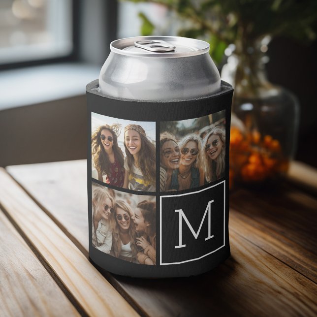 Schwarz-Weiß-Trendfoto-Collage mit Monogramm Dosenkühler (Fun personalized 3 photo can cooler with a place to add a custom monogram)