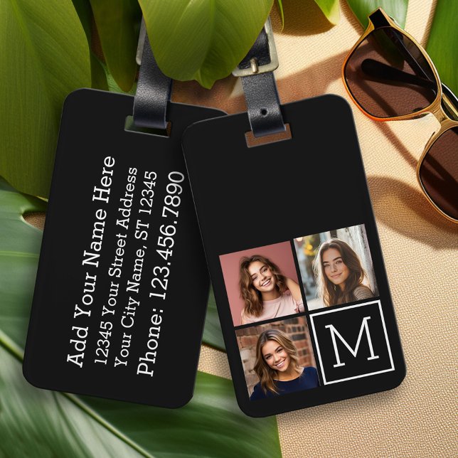 Schwarz-Weiß-Trendfoto-Collage mit Monogramm Gepäckanhänger (Custom Luggage Tag)