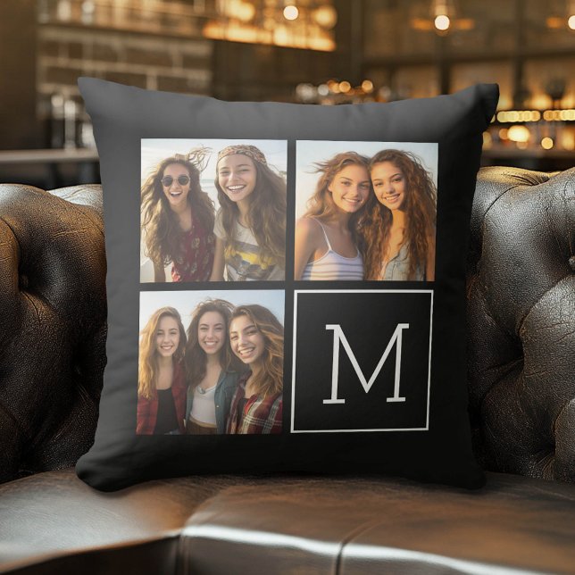 Schwarz-Weiß-Trendfoto-Collage mit Monogramm Kissen (Custom Photo Pillow)