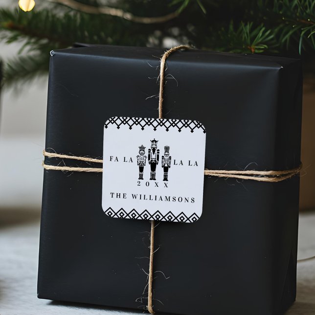 Schwarz & Weiß Trendmuster Nutcracker Weihnachten Quadratischer Aufkleber (Black & White Trendy Pattern Nutcracker Christmas Square Sticker)