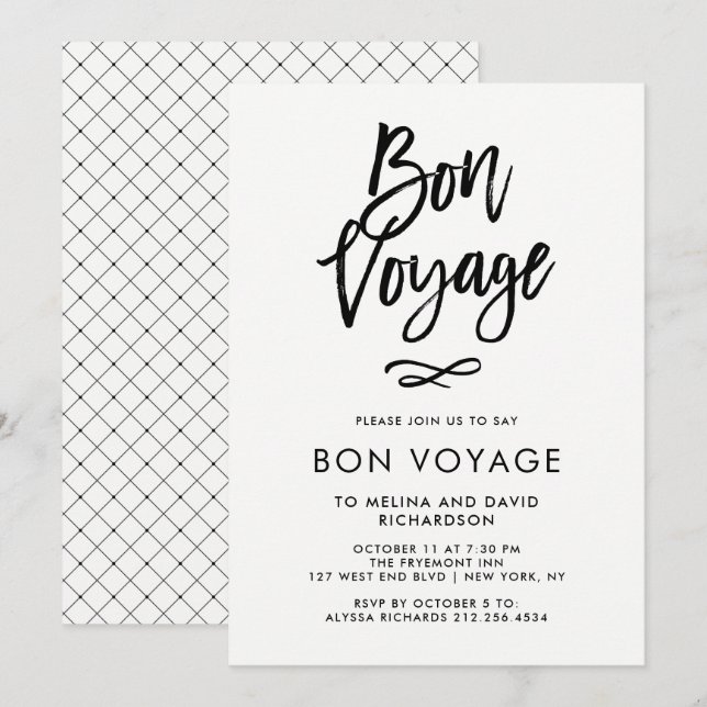 Schwarz-Weiß-Trendschrift| Bon Voyage Party Einladung (Vorne/Hinten)