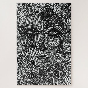 Schwarz-Weiß-Trippy-Line-Portrait Puzzle