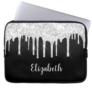 Schwarz Weiß tropfender Glitter Silber Monogramm  Laptopschutzhülle