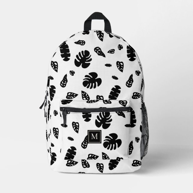 Schwarz-Weiß-Tropical Summer Blätter Muster Bedruckter Rucksack (Vorderseite)