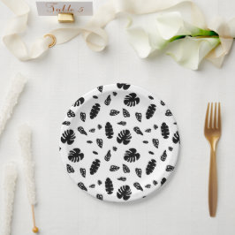 Schwarz-Weiß-Tropical Summer Blätter Muster Pappteller