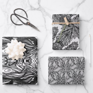 Schwarz-Weiß-Tuschezeichnungen Geschenkpapier Set