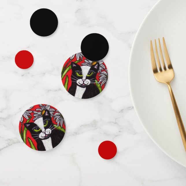 Schwarz-weiß Tuxedo Cat Daisies Red Black Konfetti (Gruppe)