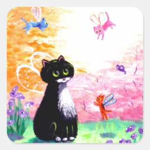 Schwarz-weiß Tuxedo Cat Fairies Creationarts Quadratischer Aufkleber