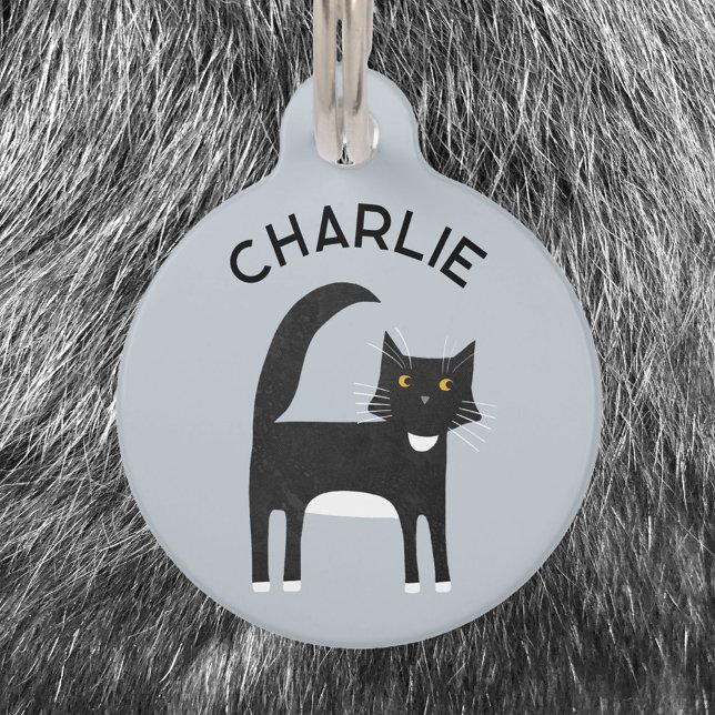 Schwarz-weiß Tuxedo Cat Personalisiert Haustiermarke (Fun black and white Tuxedo cat pet tag with personalized custom name and details)