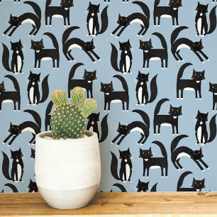 Schwarz-Weiß Tuxedo Katze Blau Kunst Tapete