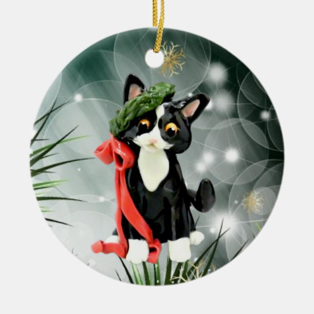 Schwarz-Weiß-Tuxedo-Katze Keramik Ornament (Vorne)