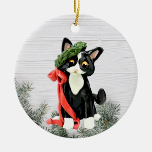 Schwarz-Weiß-Tuxedo-Katze Keramik Ornament (Vorne)