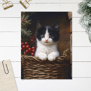 Schwarz-Weiß-Tuxedo-Katze Winterbilder Gemälde Postkarte