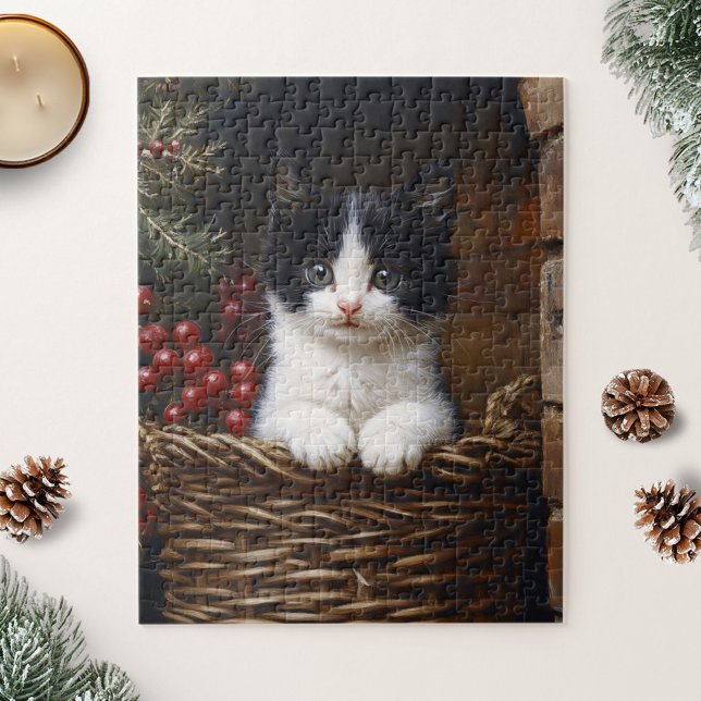 Schwarz-Weiß-Tuxedo-Katze Winterbilder Gemälde Puzzle (Von Creator hochgeladen)