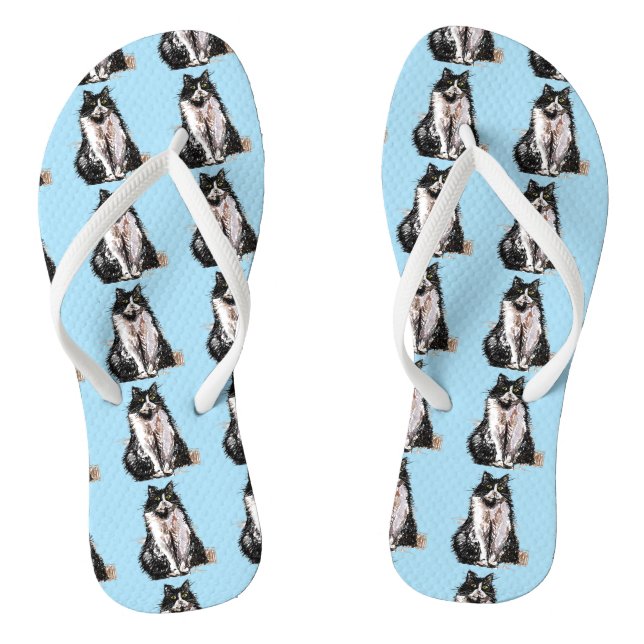 Schwarz-Weiß-Tuxedo-Katzen Niedlich Blau Flip Flops (Fußbett)