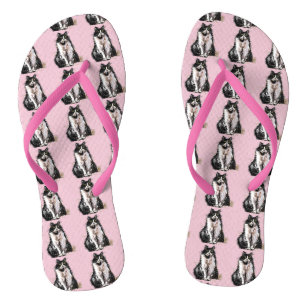 Schwarz-Weiß Tuxedo Katzen Niedliche blaue Zähne Flip Flops