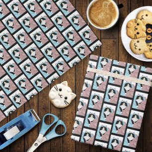 Schwarz-weiß Tuxedo Katzenleder Niedlich Blau Rosa Geschenkpapier