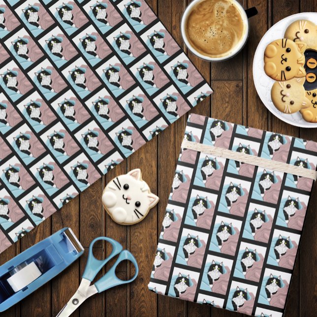 Schwarz-weiß Tuxedo Katzenleder Niedlich Blau Rosa Geschenkpapier (Von Creator hochgeladen)