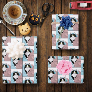 Schwarz-weiß Tuxedo Katzenleder Niedlich Blau Rosa Geschenkpapier Set
