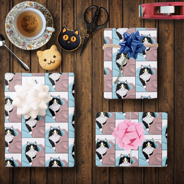 Schwarz-weiß Tuxedo Katzenleder Niedlich Blau Rosa Geschenkpapier Set (Von Creator hochgeladen)
