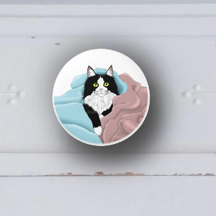Schwarz-weiß Tuxedo Katzenleder Niedlich Blau Rosa Keramikknauf