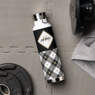 Schwarz Weiß und Beige Holzfäller Karo Monogramm Trinkflasche
