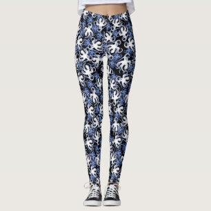Schwarz, Weiß und Blauer Kraken Nahtloses Muster Leggings