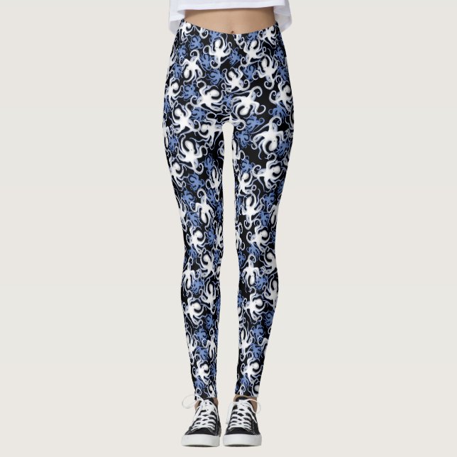 Schwarz, Weiß und Blauer Oktopus Nahtloses Muster Leggings (Vorderseite)