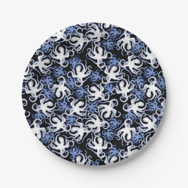Schwarz, Weiß und Blauer Oktopus Nahtloses Muster Pappteller (Vorderseite)
