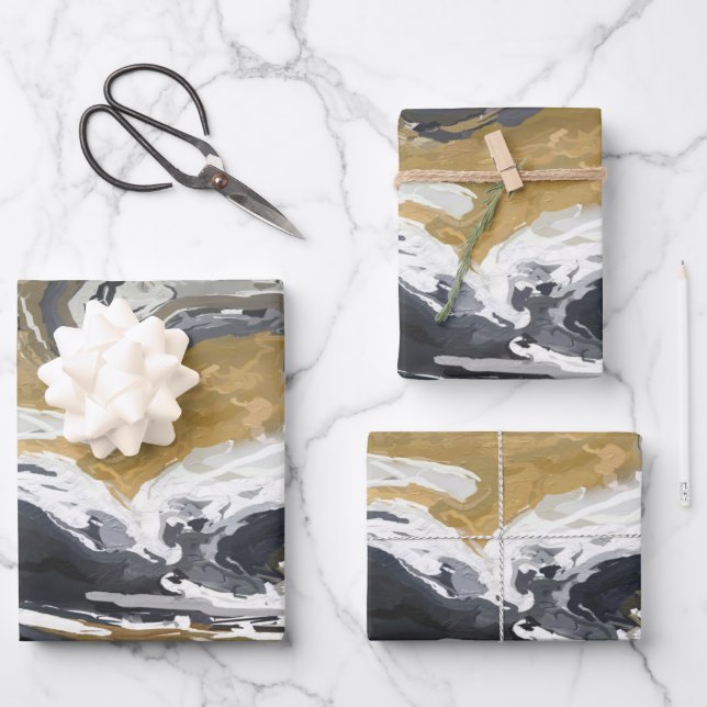 Schwarz, Weiß und Gold Abstrakt Geschenkpapier Set (Vorderseite)
