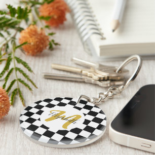 Schwarz Weiß und Gold Elegantes Name & Monogramm Schlüsselanhänger