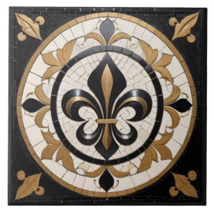 Schwarz Weiß und Gold Fleur de Lis Faux-Mosaik Fliese